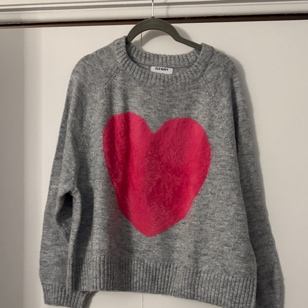 Old Navy Heather Gray Sweater with Bold Pink Heart